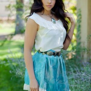 Hand Painted Turquoise Silk Skirt With Silk Eyelet Trim And Ivory Silk Blouse